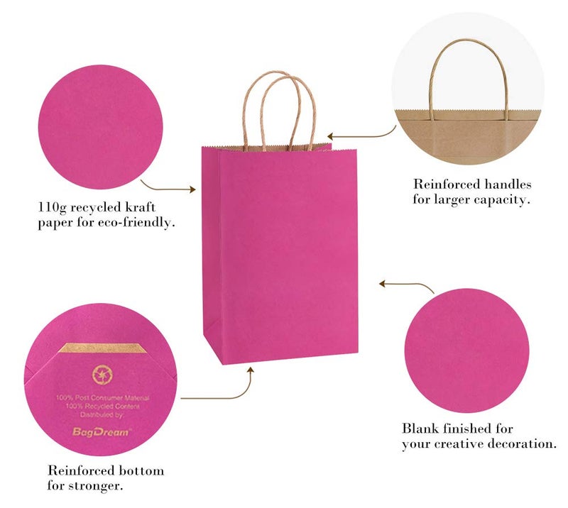BagDream Kraft Paper Bags 100Pcs 5.25x3x8 Inches Small Paper Gift Bags with Handles Bulk, for Shopping, Retail, Business, Party Favor, Pink Gift Sacks - Image 3